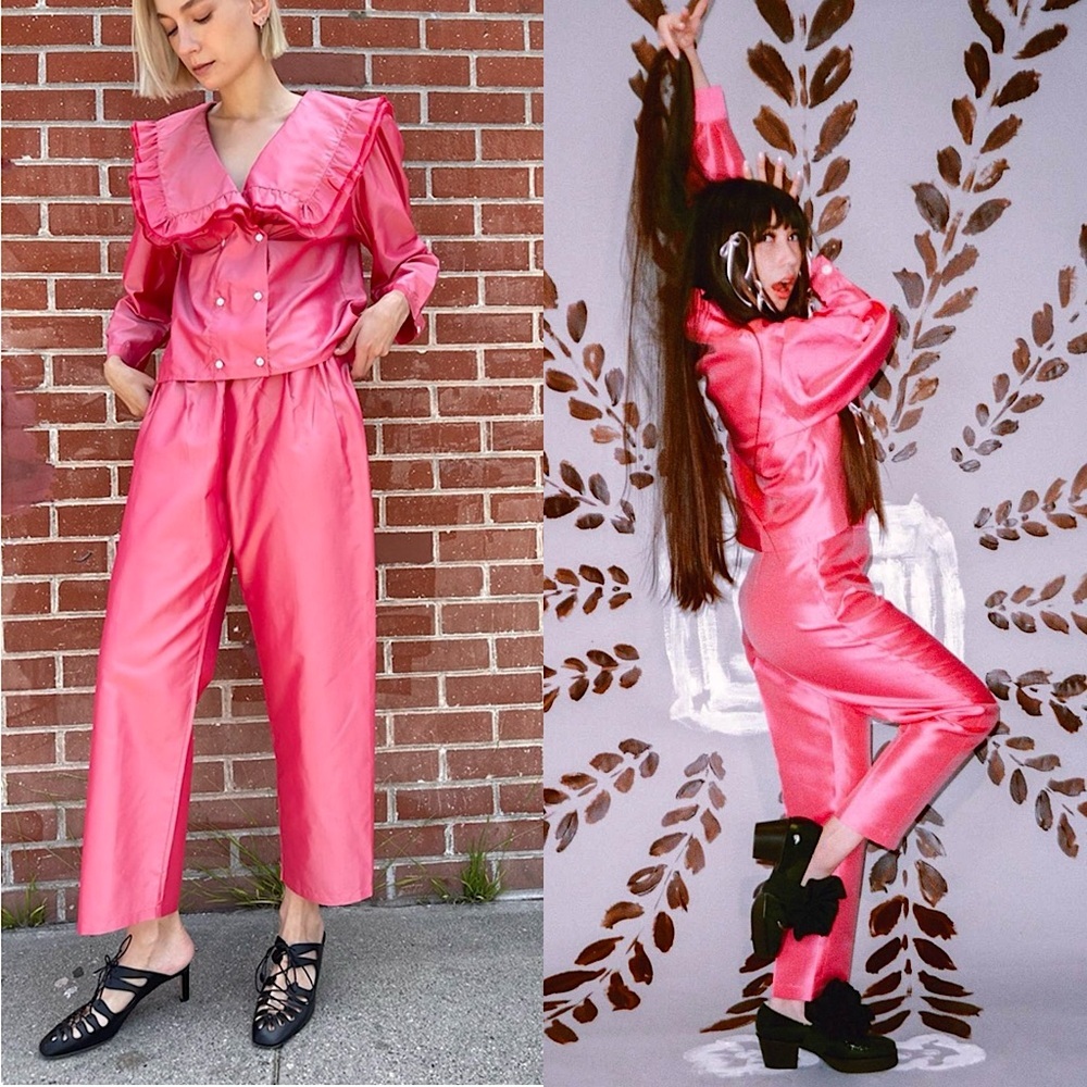 CHELSEA MAK Silk Taffeta High Rise Drawstring Waist Ankle Crop Wide Leg Pants XS